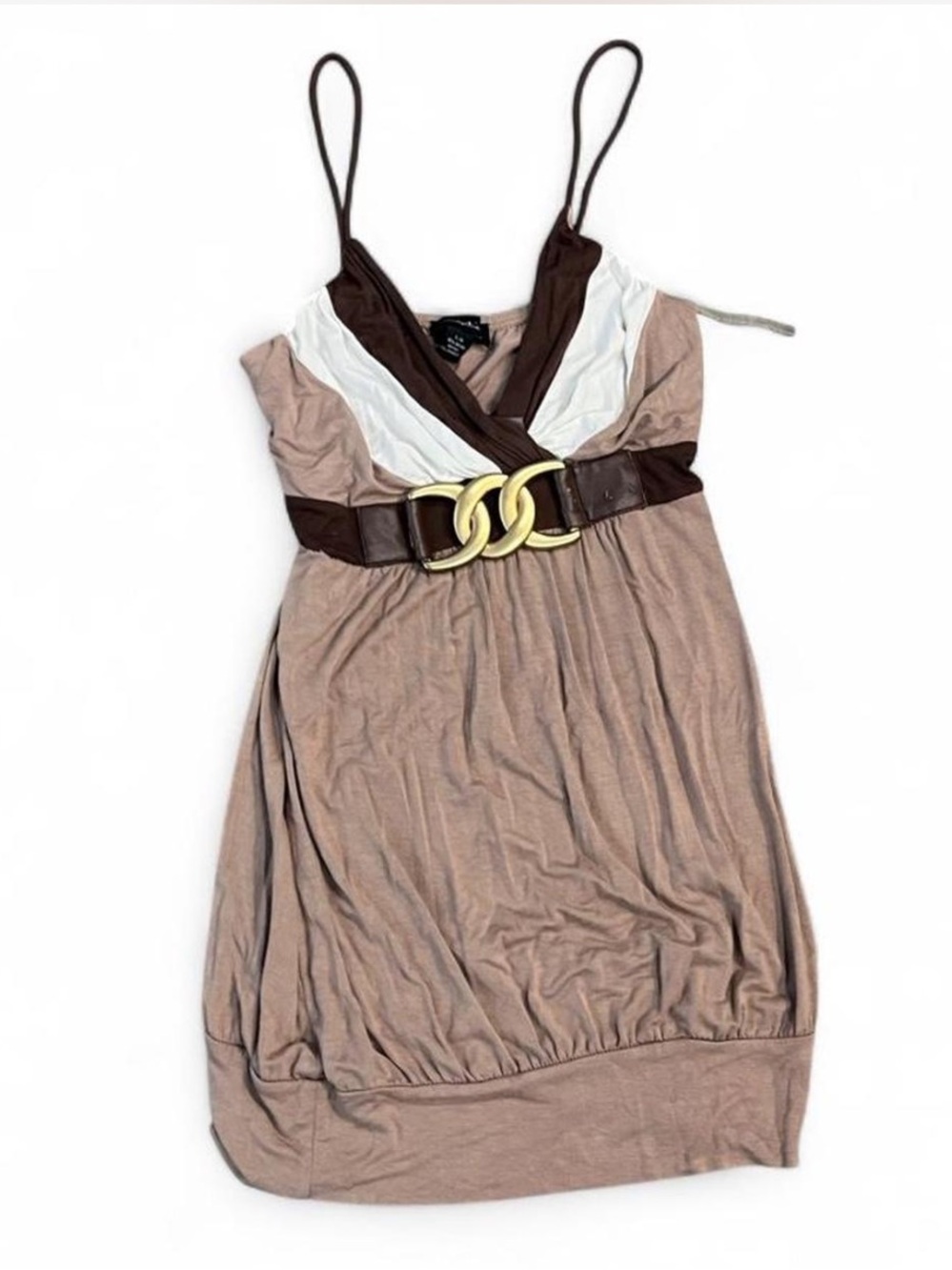 Seductions Taupe Spaghetti-Strap Dress with Brown Belt and White Accents